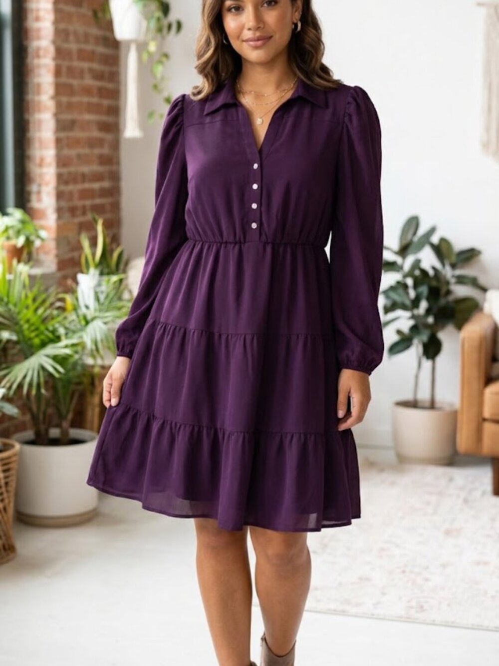 NWT Kensie Eggplant Purple Tiered Chiffon Midi Dress Button Front Long Sleeve 2